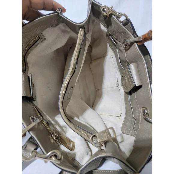 GUCCIMetallic Pebbled Calfskin Medium Bamboo Shopper Tote Golden Beige - Picture 14 of 14